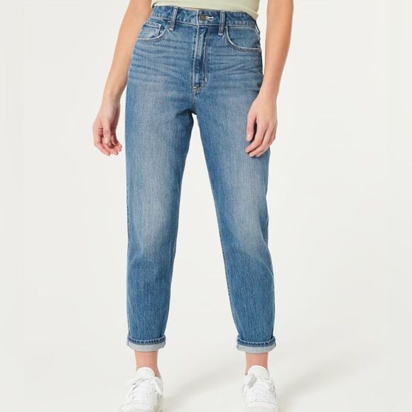 Hollister Ultra High-Rise Mom Jean Size 4 Medium Wash Raw Hem Vintage Stretch - Picture 2 of 11